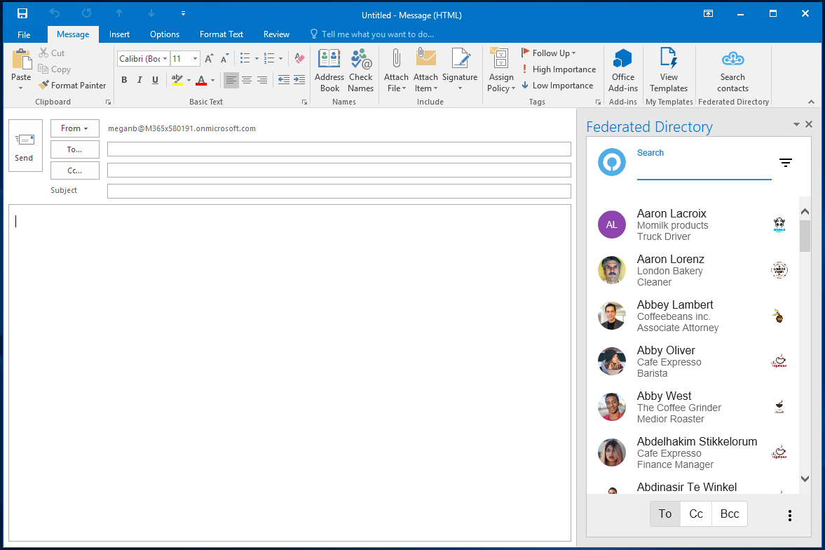 Federated Directory Outlook add-in showing partner contacts
